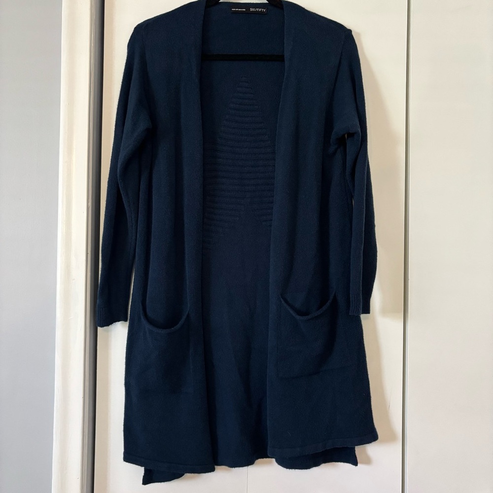 Six/Fifty Women’s Open Front Cardigan Navy Made in Italy Small Medium Large